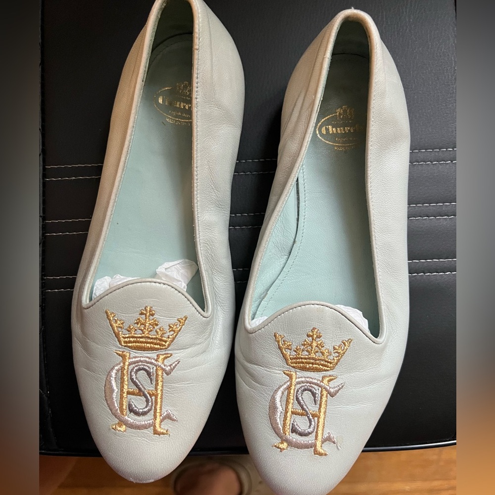 Woman's Church's White Flats with Gold Embroidery.